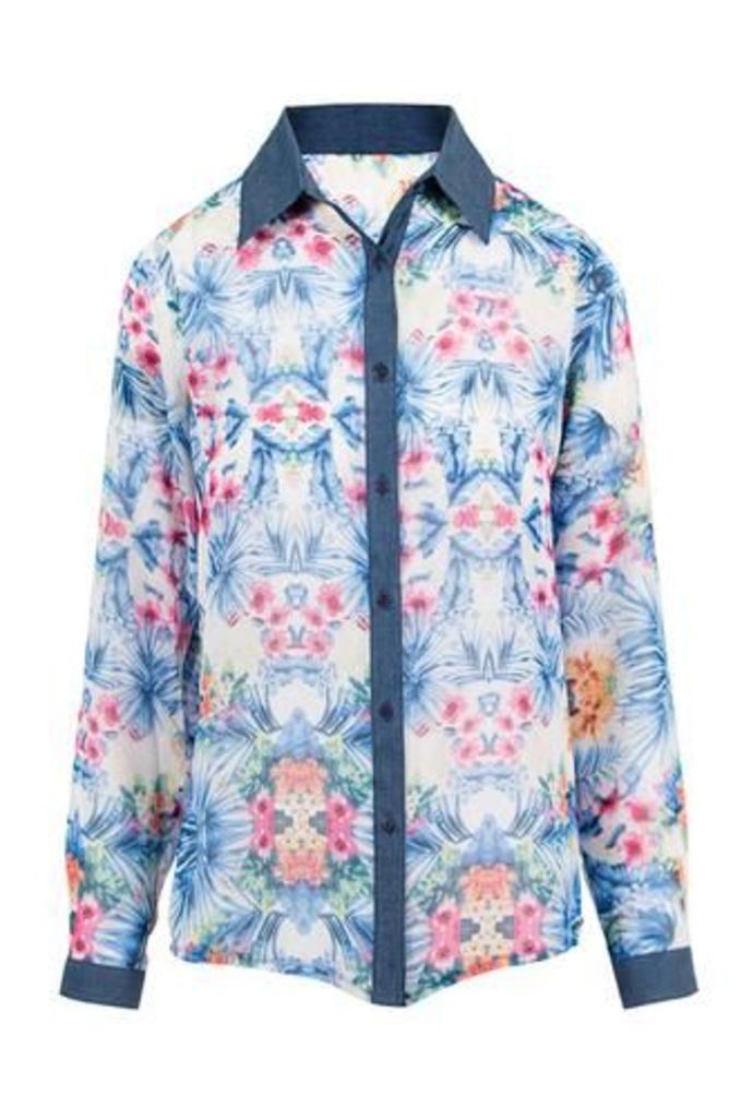 Tropical Palm Print Chiffon Shirt