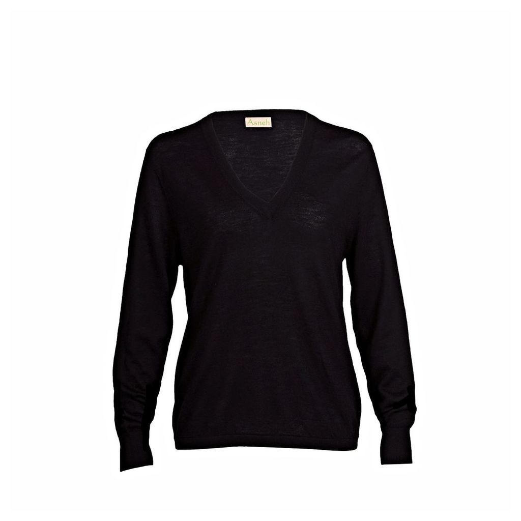 Asneh - Mathilda Black Cashmere V Neck Sweater In Fine Knit