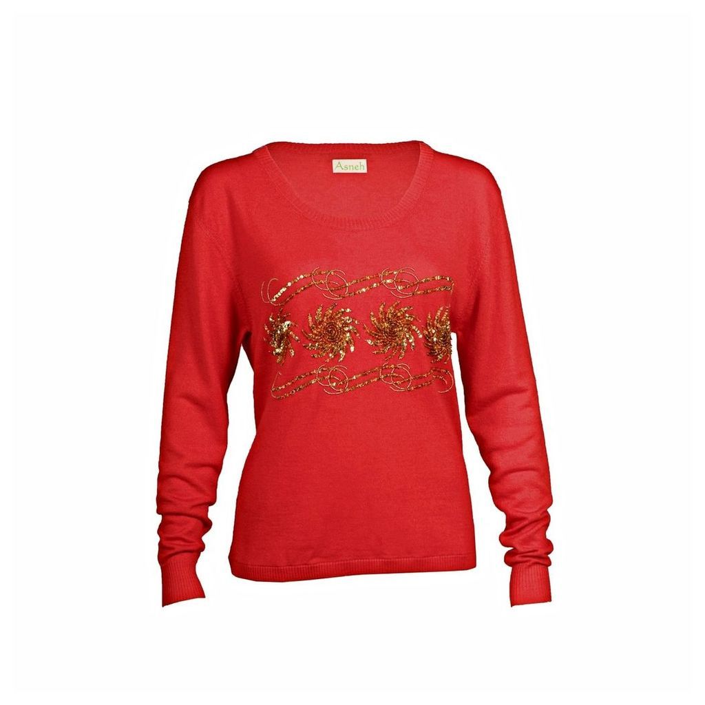 Asneh - Sequin & Bead Embellished Krystle Cashmere Sweater In Red