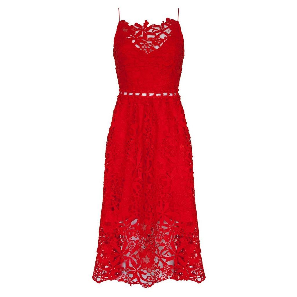 Nissa - Red Front Ruffle Detail Midi Dress