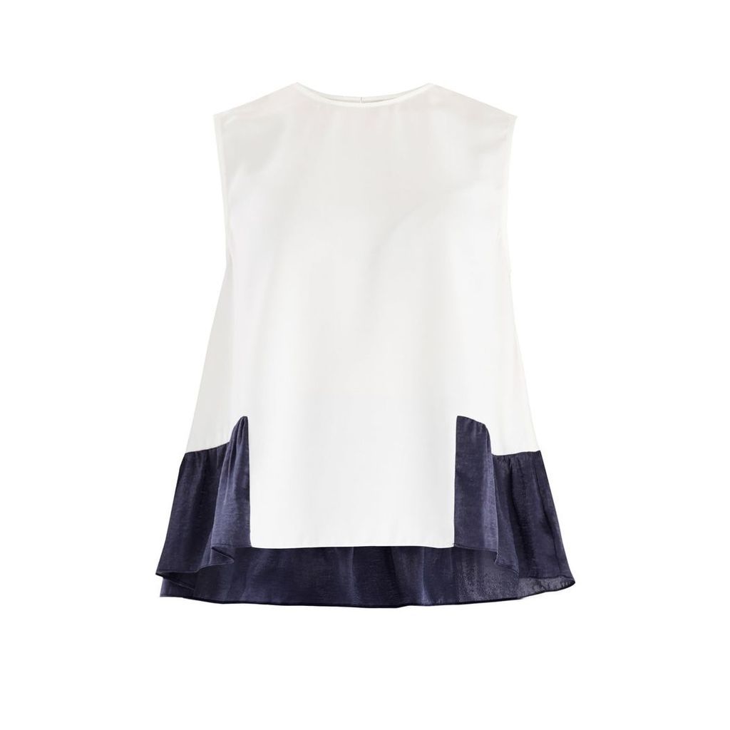 PAISIE - Flared Top With Satin Ruffle Panels In White & Navy