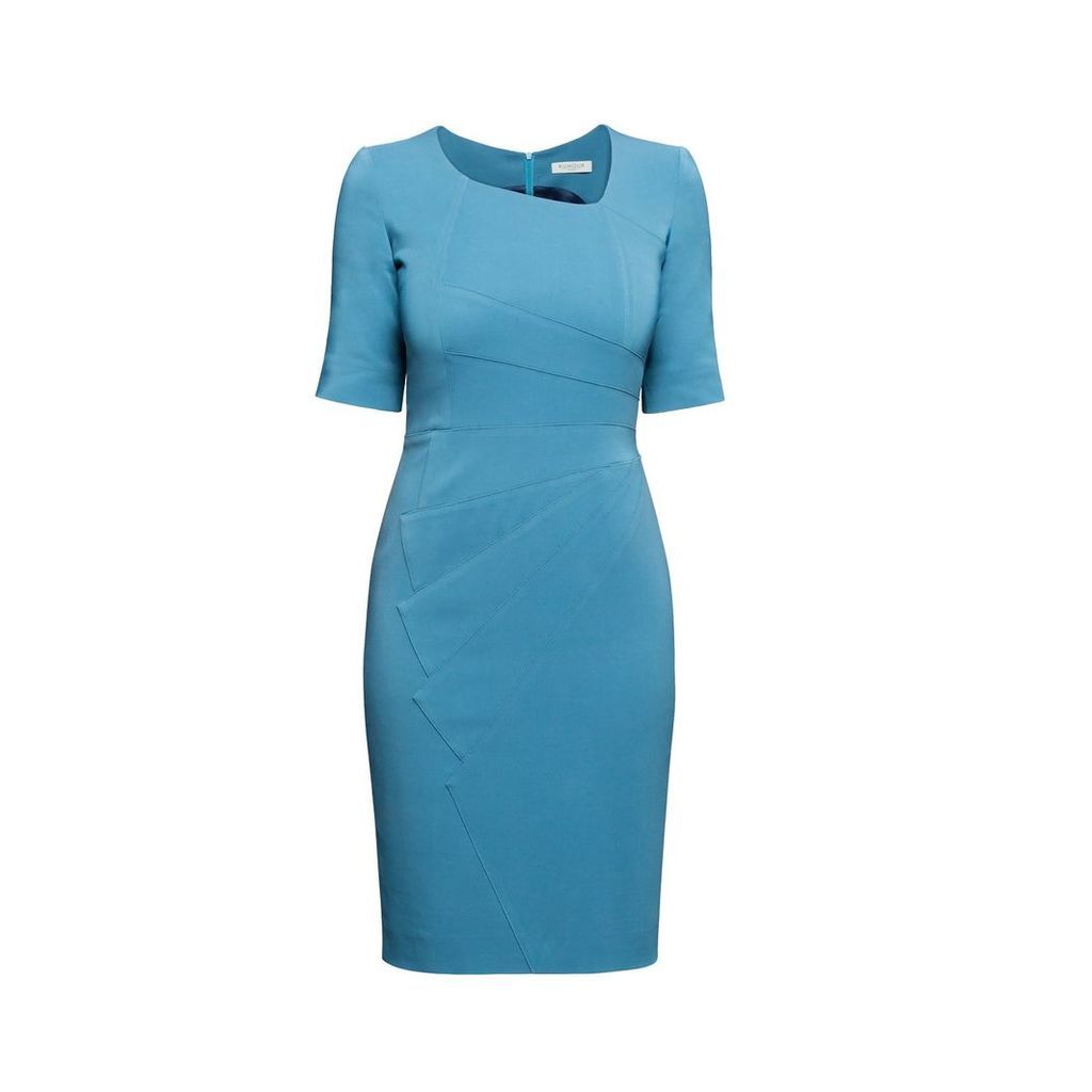Rumour London - Amelie Atlantic Blue Fitted Knee Length Dress With Asymmetrical Neckline