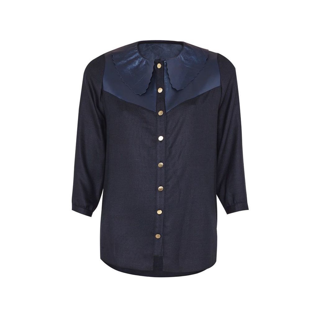 Manley - Mia Silk Shirt With Leather Collar Navy