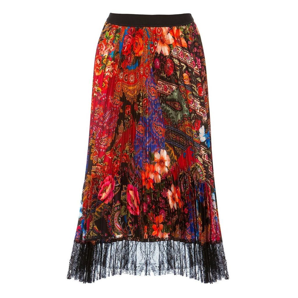 Nissa - Pleated Midi Satin Skirt With Lace