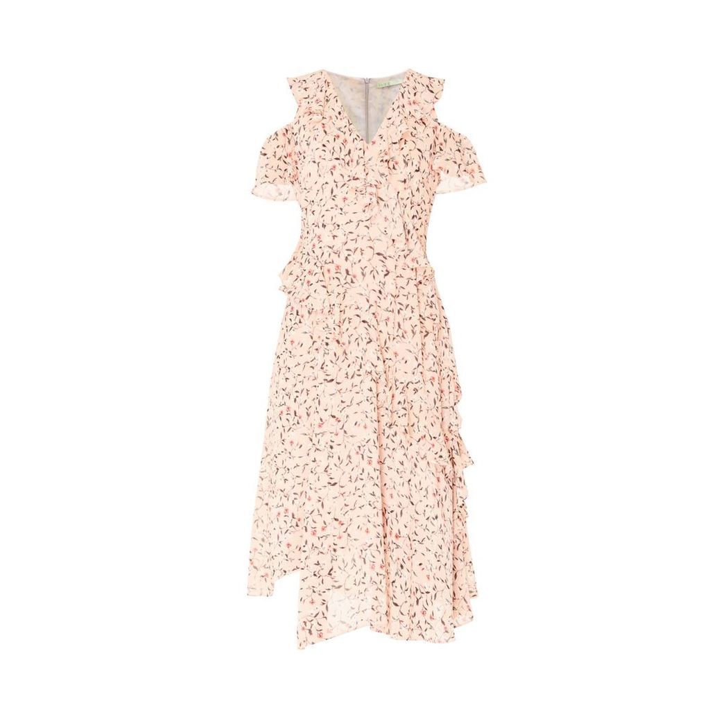 PAISIE - Floral Cold Shoulder Dress With Frills & Skirt Overlay In Pink Floral