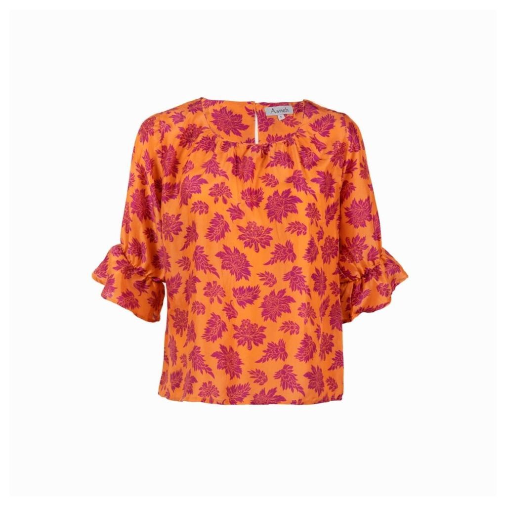 Asneh - Lizzy Silk Top In Burned Orange With Purple Baroque Floral Print