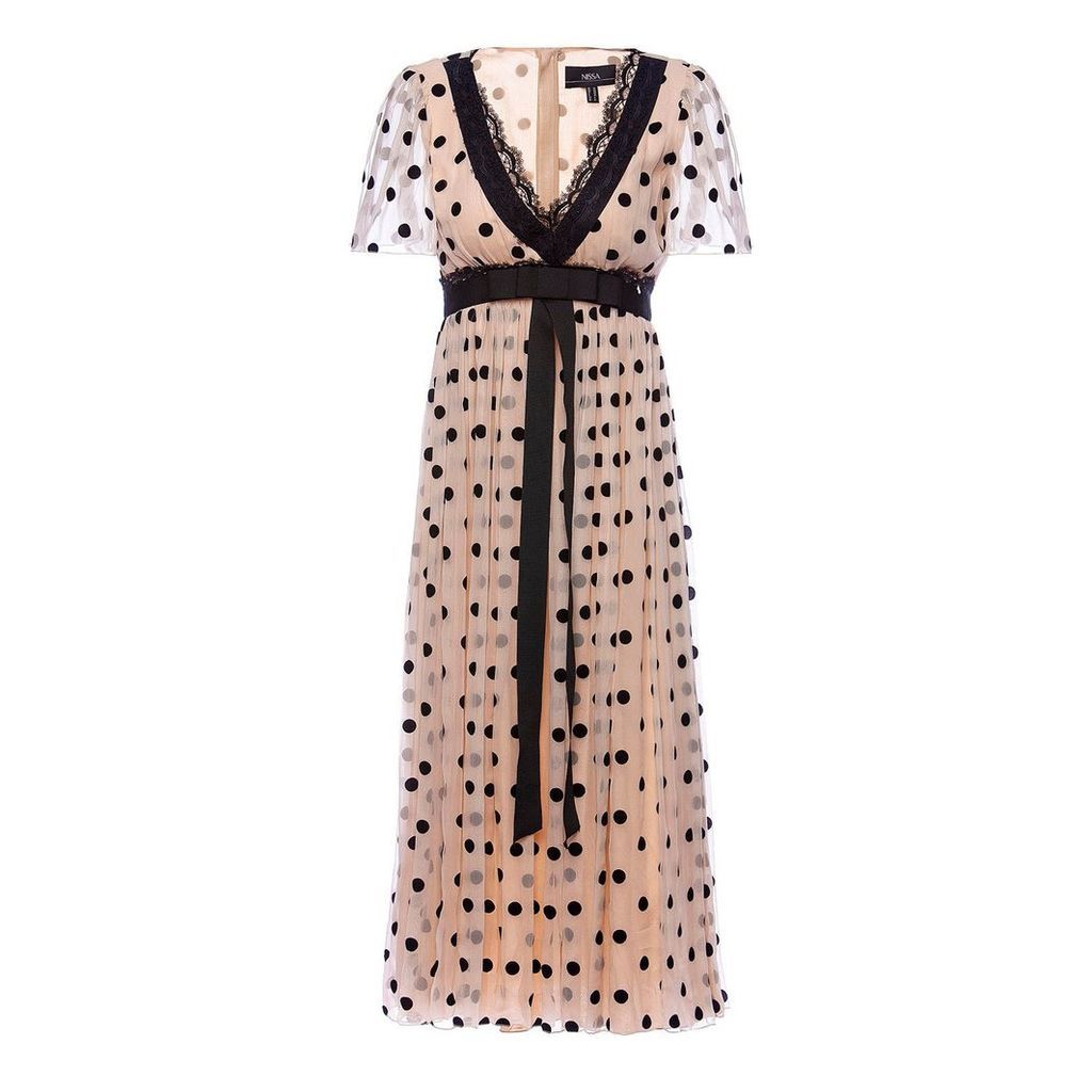 Nissa - Silk Waistband & Lace Application Dots Dress