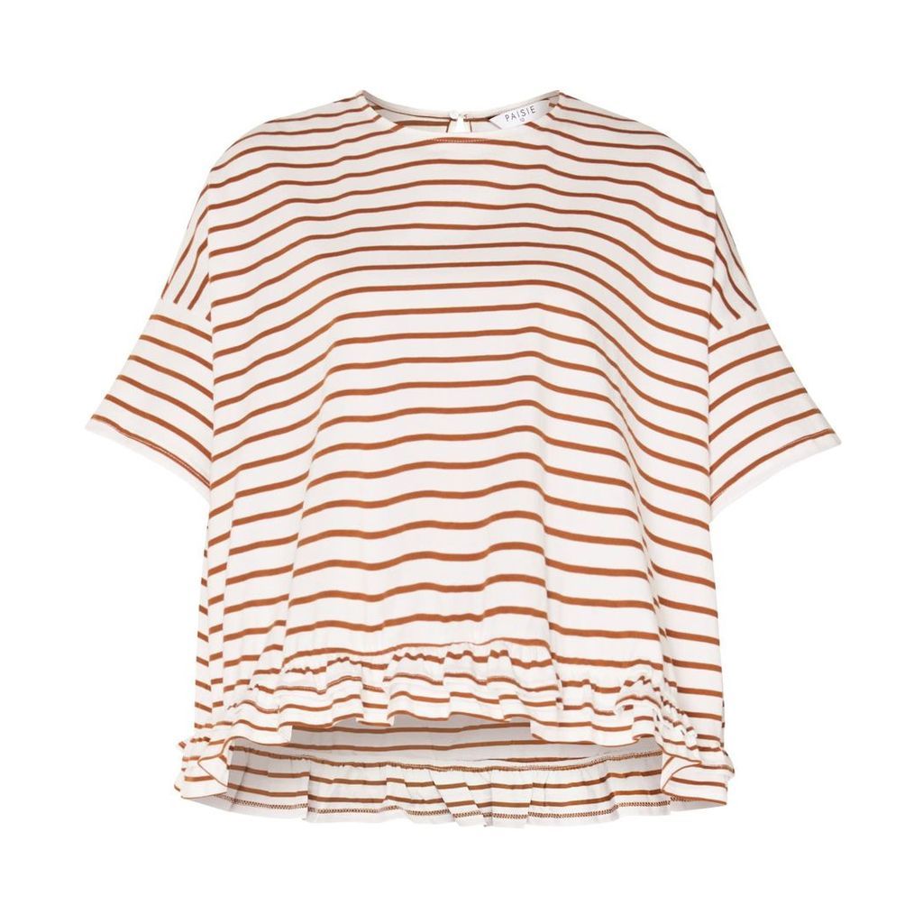 PAISIE - Oversized Striped Jersey Top With Ruffled Hem In White & Brown