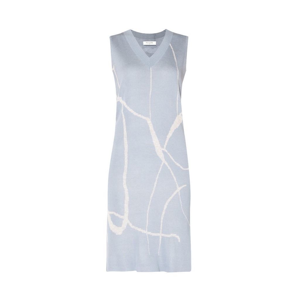 PAISIE - V-Neck Sleeveless Dress With Marble Print In Light Blue & Light Grey