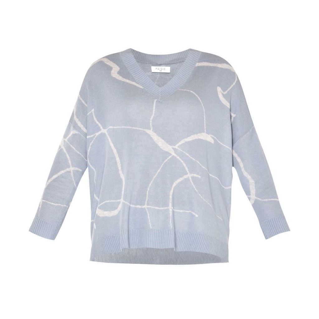 PAISIE - V-Neck Top With Marble Print & Dip Hem In Light Blue & Light Grey