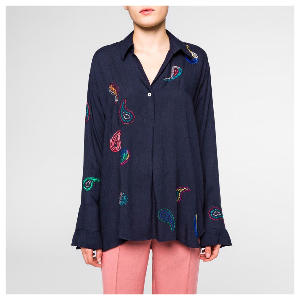 Women's Navy Embroidered Paisley Shirt With Frill Cuffs