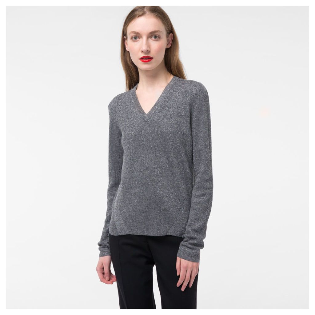 Women's Glittered Grey Wool-Blend V-Neck Sweater