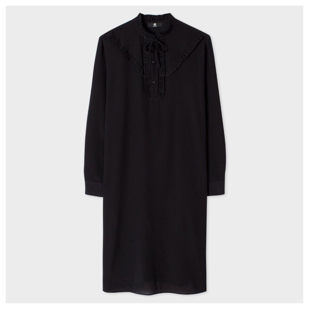 Women's Black Silk Dress With Frill Detailing