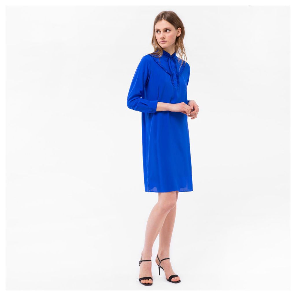 Women's Blue Silk Dress With Frill Detailing