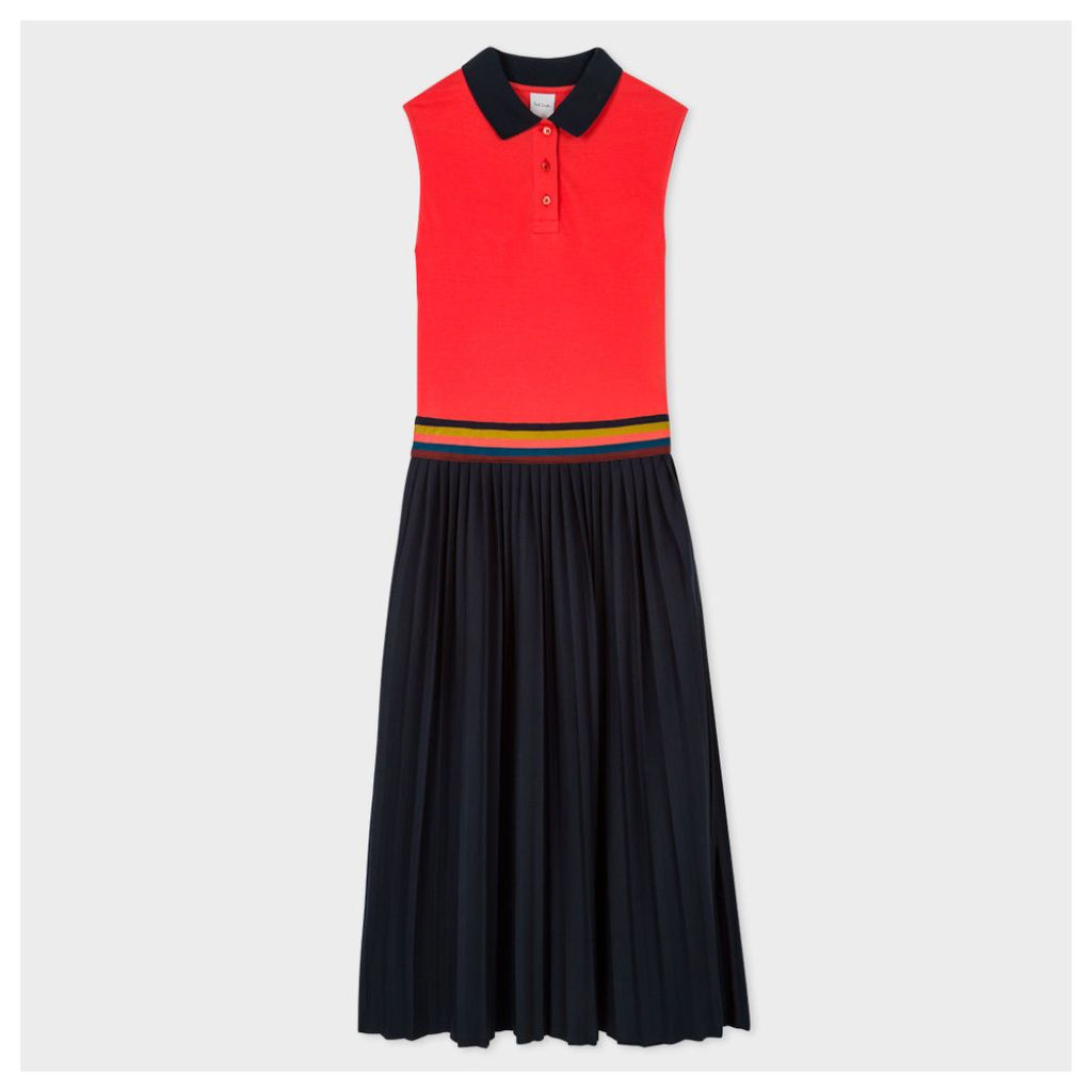 Women's Coral And Navy Polo Dress With Pleated Skirt