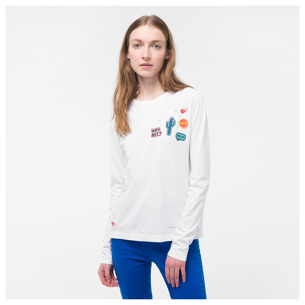 Women's White Long-Sleeve T-Shirt With AppliquÃ© Patches