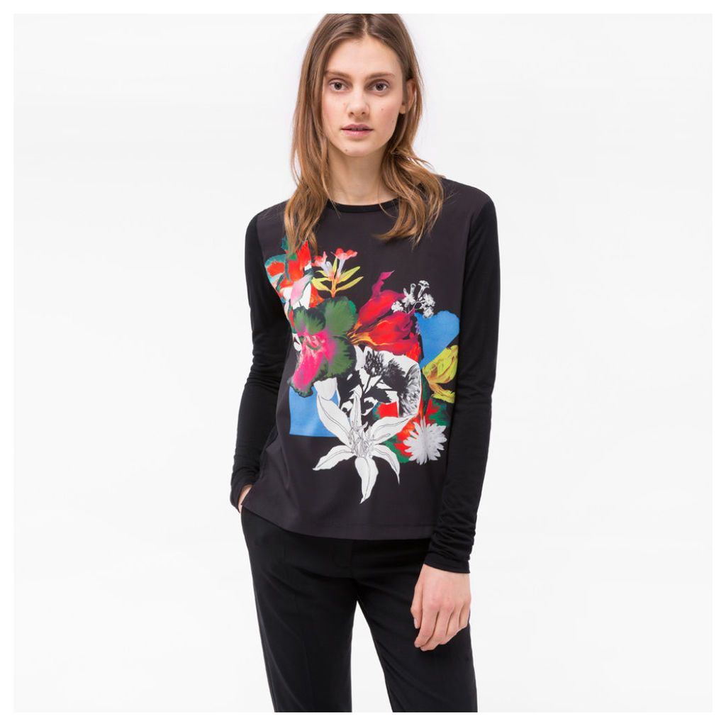 Women's Black Long-Sleeve T-Shirt With 'Photo-Floral' Print