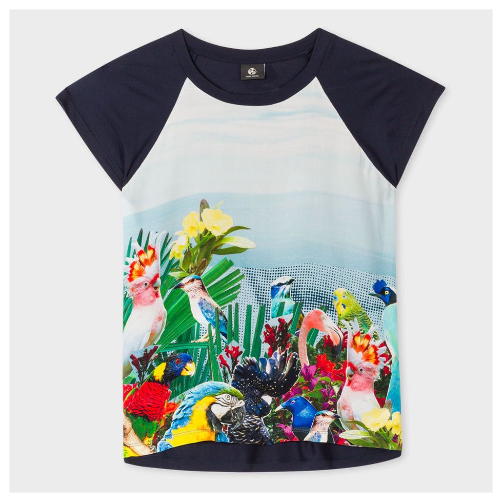 Women's Navy T-Shirt With 'Exotic Birds' Print Silk Front