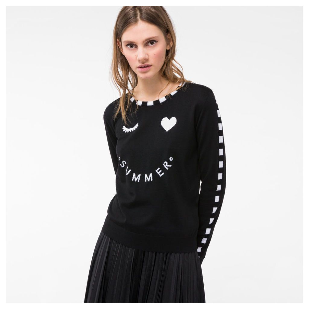 Women's Black Merino Wool Sweater With 'Summer' Intarsia