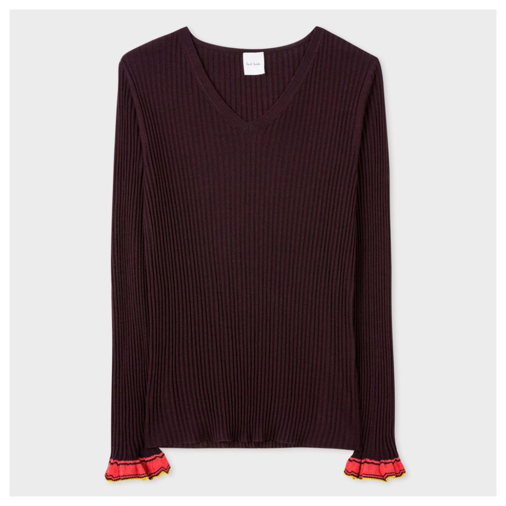 Women's Damson Wool-Silk Ribbed Sweater With Frill Cuffs