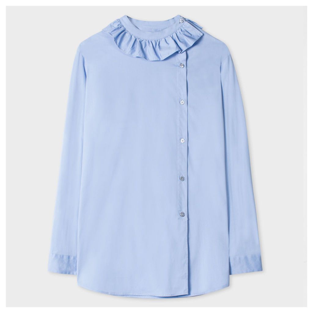 Women's Blue Asymmetric-Button Shirt With Frill Collar