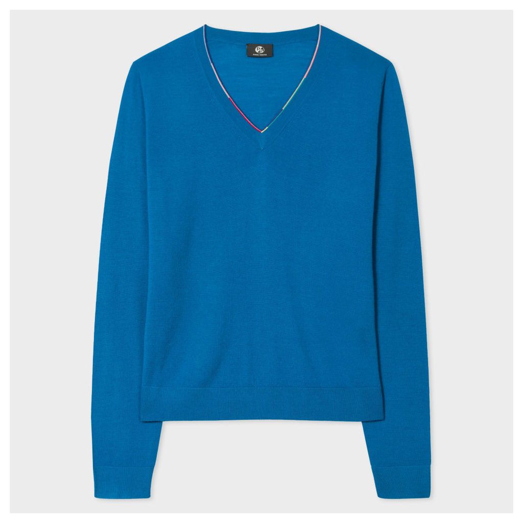Women's Dark Turquoise Merino Wool V-Neck Sweater With Stripe Detail