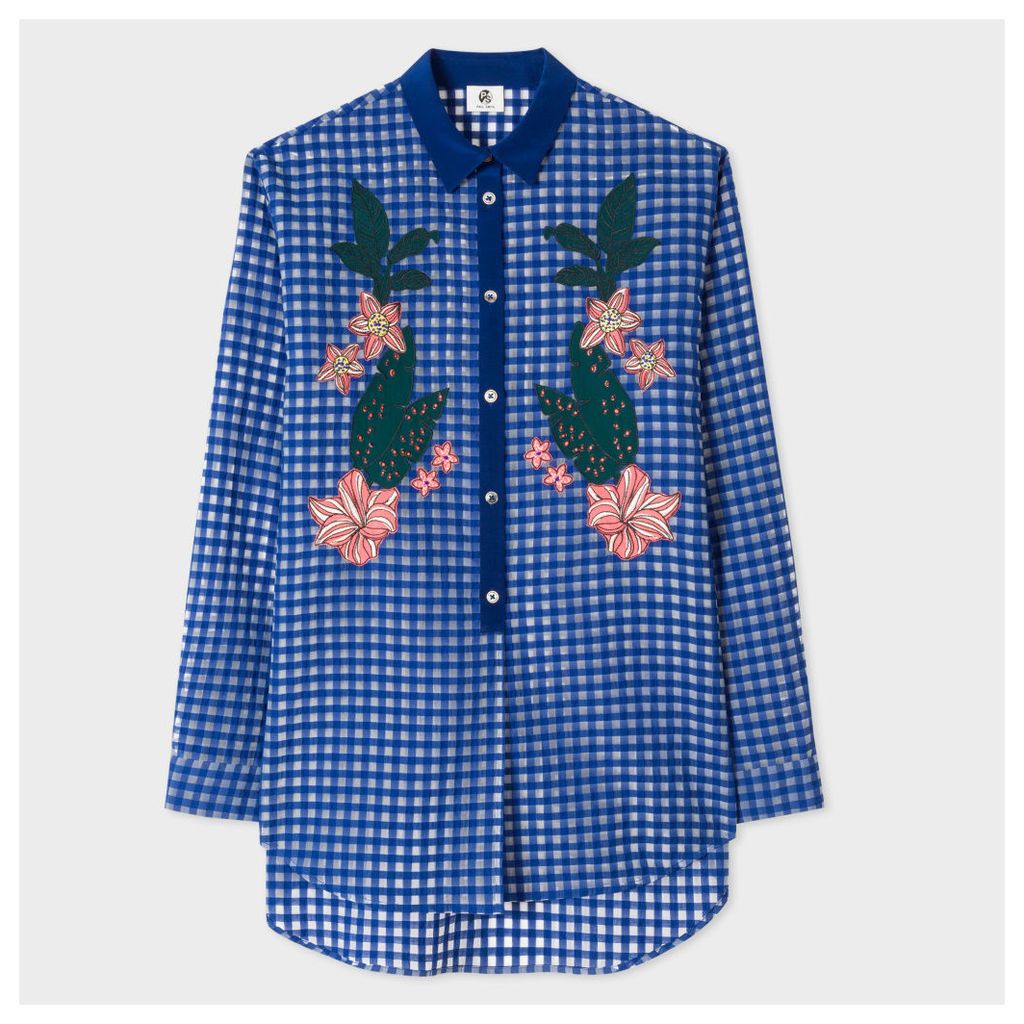 Women's Blue Gingham Shirt With Floral Embroidery