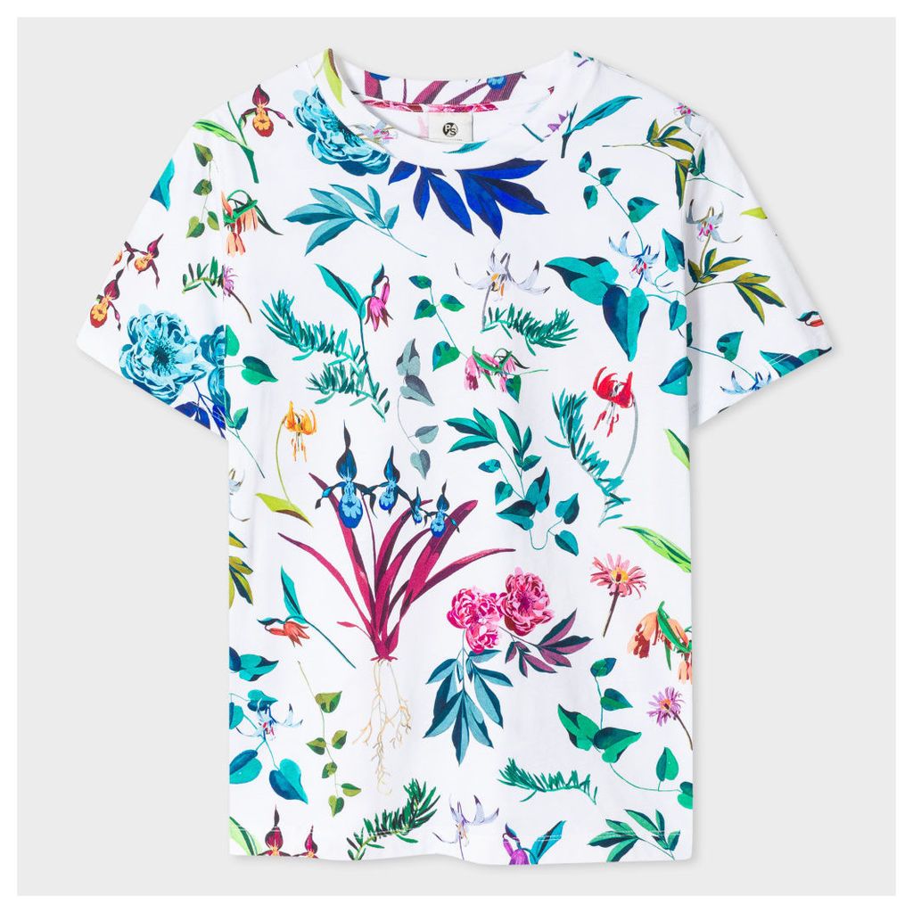 Women's White 'Painted Floral' Print Cotton T-Shirt