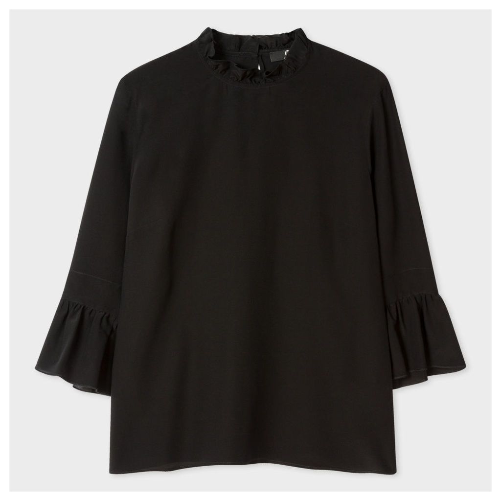 Women's Black Silk Top With Ruffle Neck And Sleeves