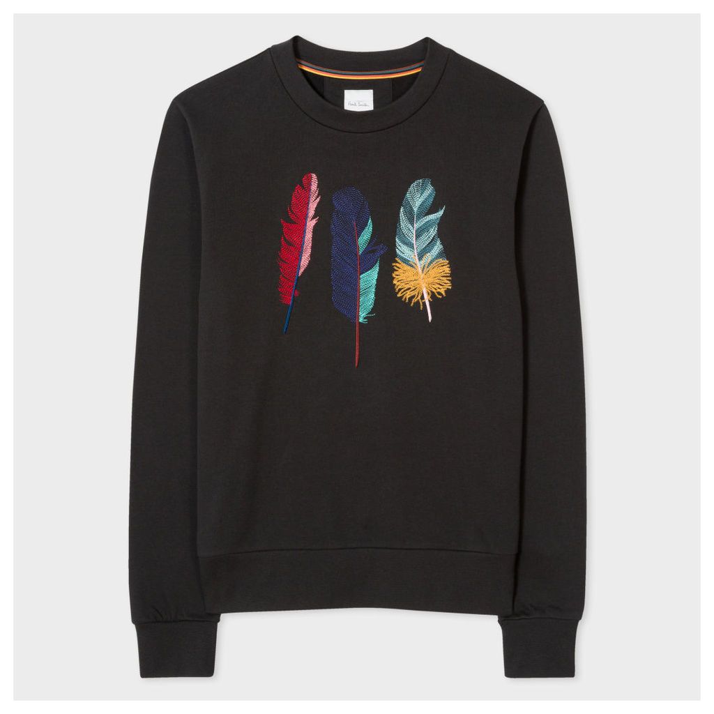 Women's Black Cotton Sweatshirt With 'Feather' Embroidery