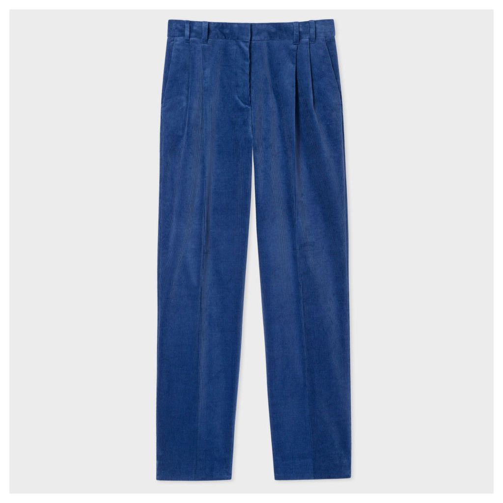 Women's Regular-Fit Blue Corduroy Pleated Trousers
