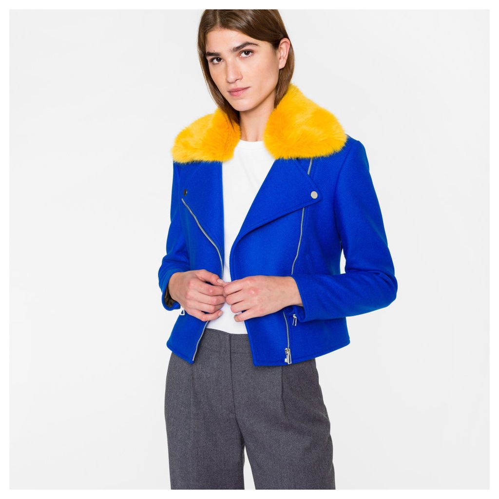 Women's Blue Wool-Cashmere Biker Jacket With Yellow Collar