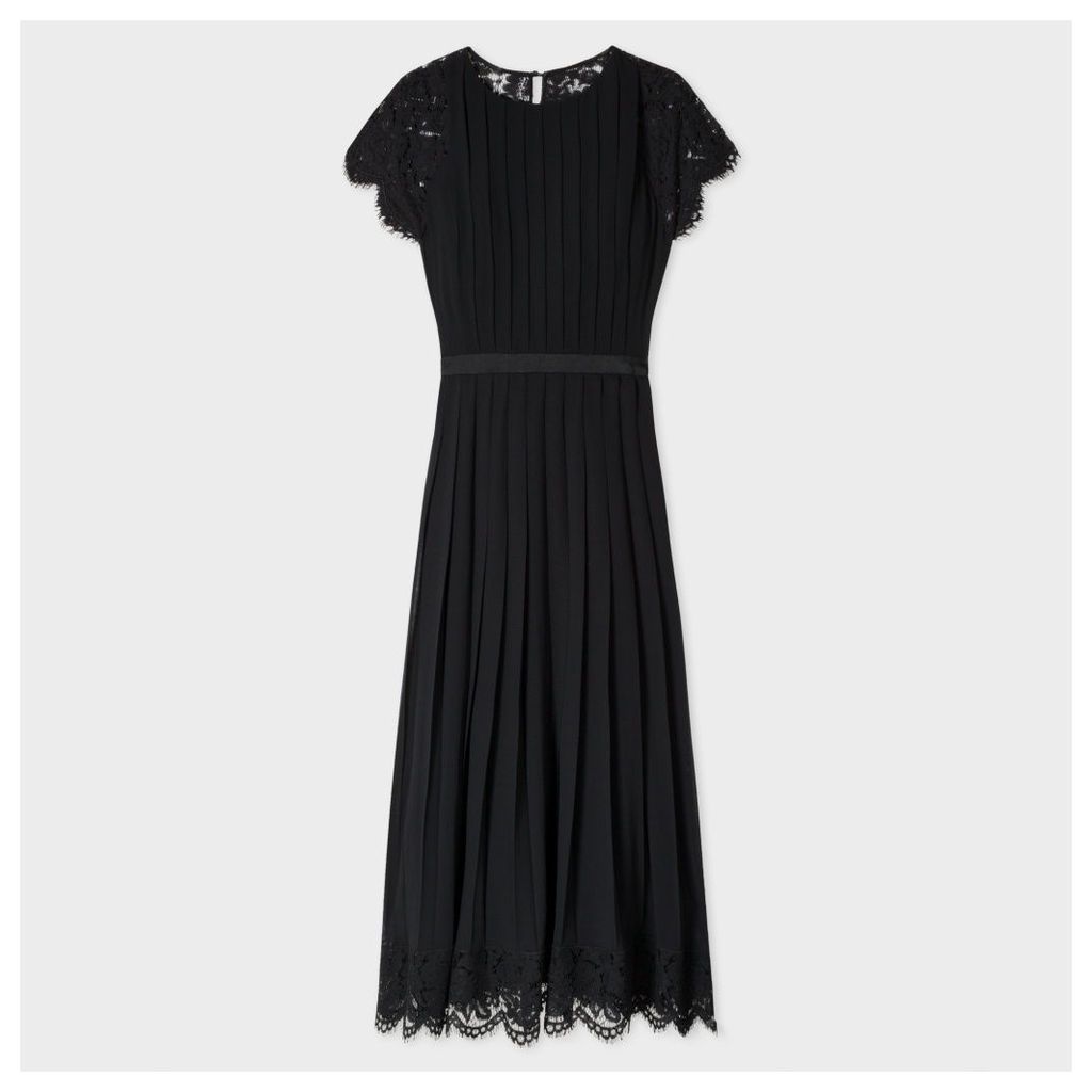 Women's Black Pleated Dress With Floral Lace Panels