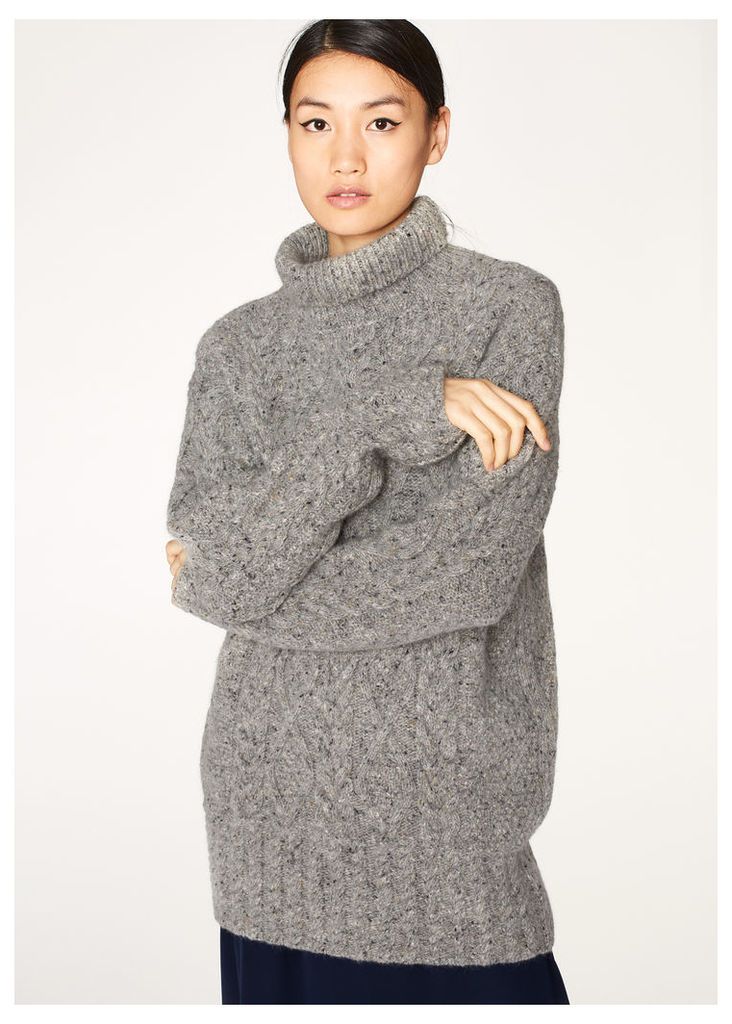 Women's Oversized Grey Cable Knit Wool-Mohair High-Neck Sweater