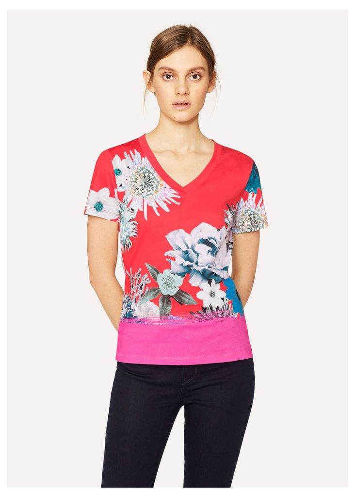 Women's Red 'Ocean Floral' V-Neck Cotton T-Shirt