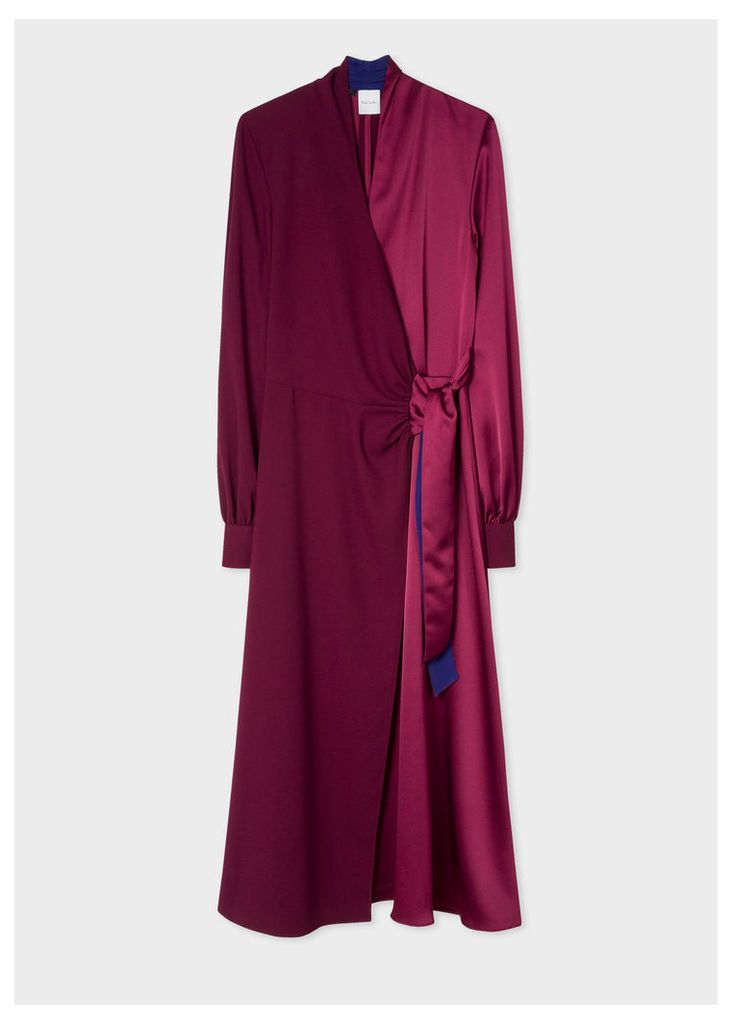 Women's Satin Burgundy Wrap Long-Sleeve Dress