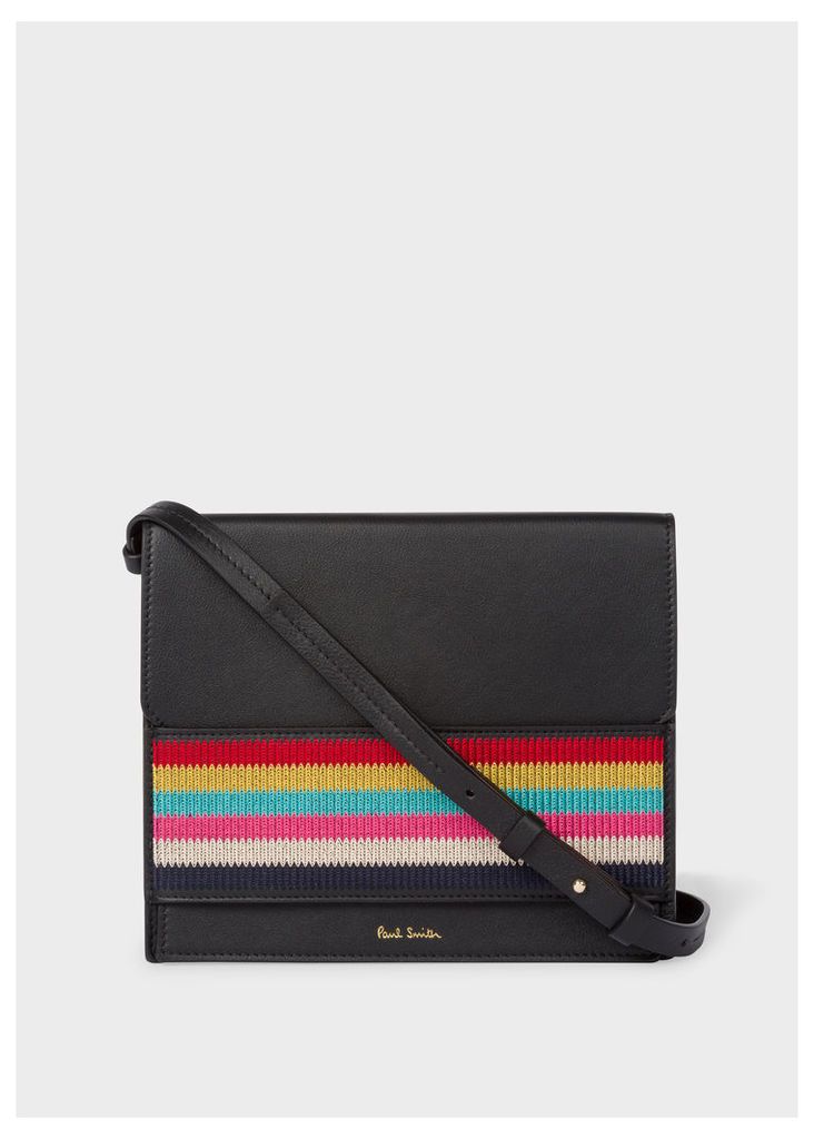 Women's Black Leather Cross-Body Bag With Multi-Coloured Stripe Embroidered Detail