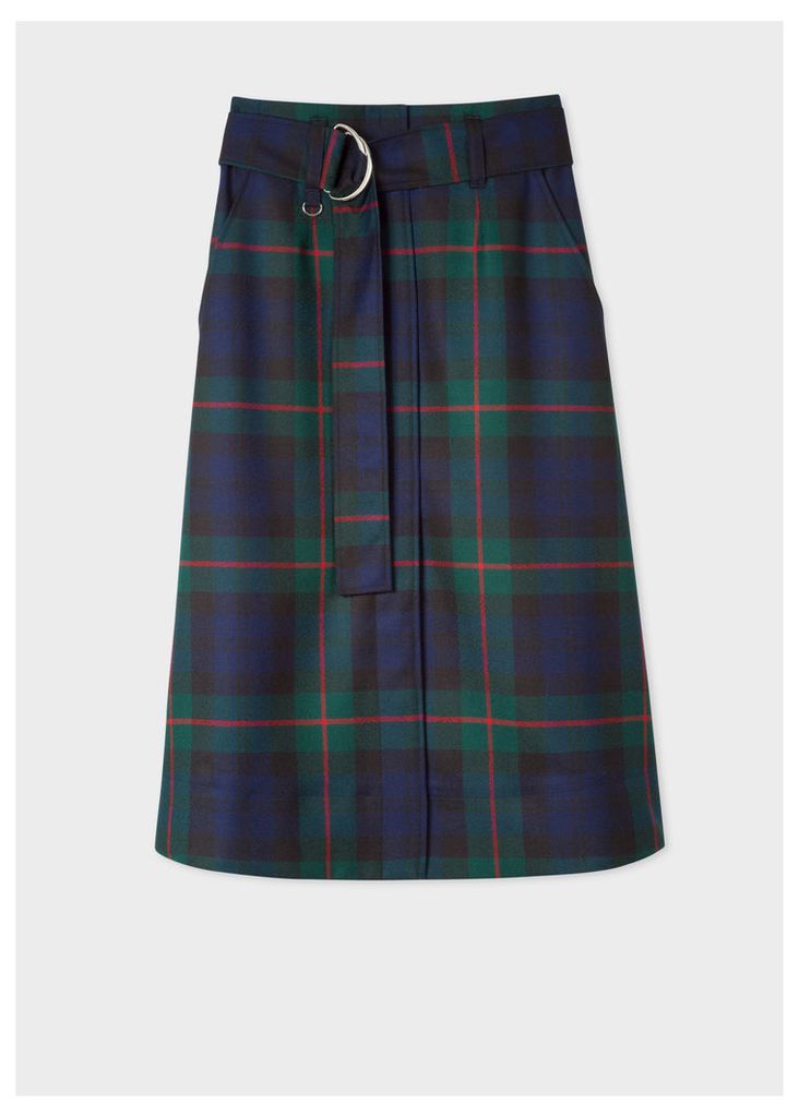 Women's Navy, Green And Red Tartan A-Line Midi Skirt With Belt