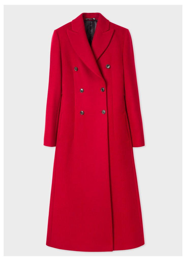 Women's Red Wool-Blend Double-Breasted Long Coat