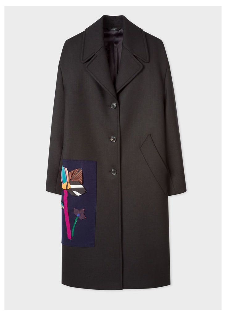 Women's Black Wool-Blend Twill Cocoon Coat With Appliqué Patch