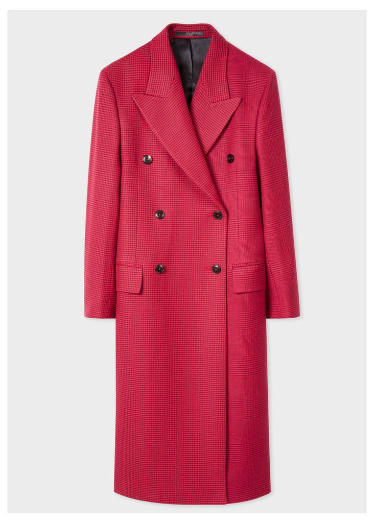 Women's Red Houndstooth Check Double-Breasted Wool Overcoat