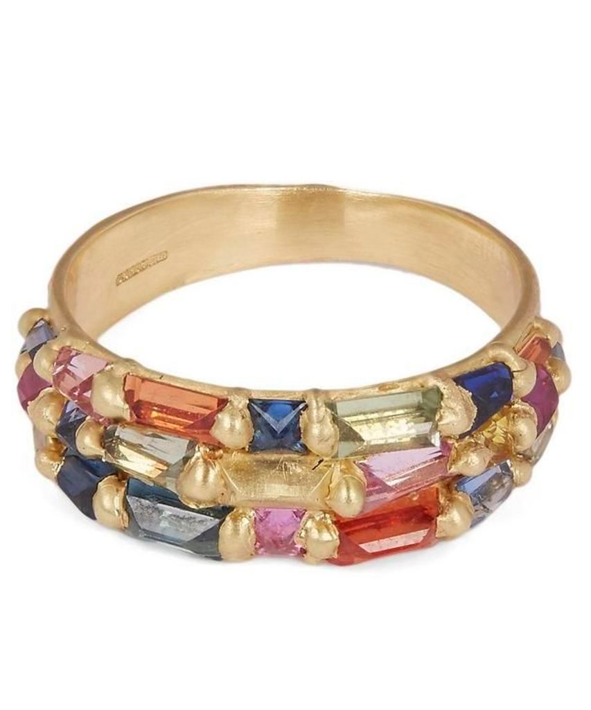 Gold Baguette Princess Cut Rainbow Sapphire Ring
