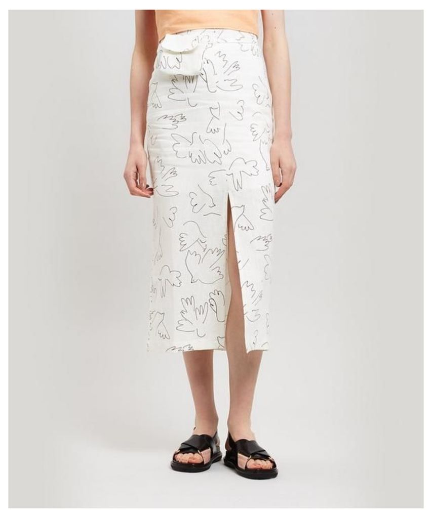 Gania Paloma Bird Print Linen Midi-Skirt
