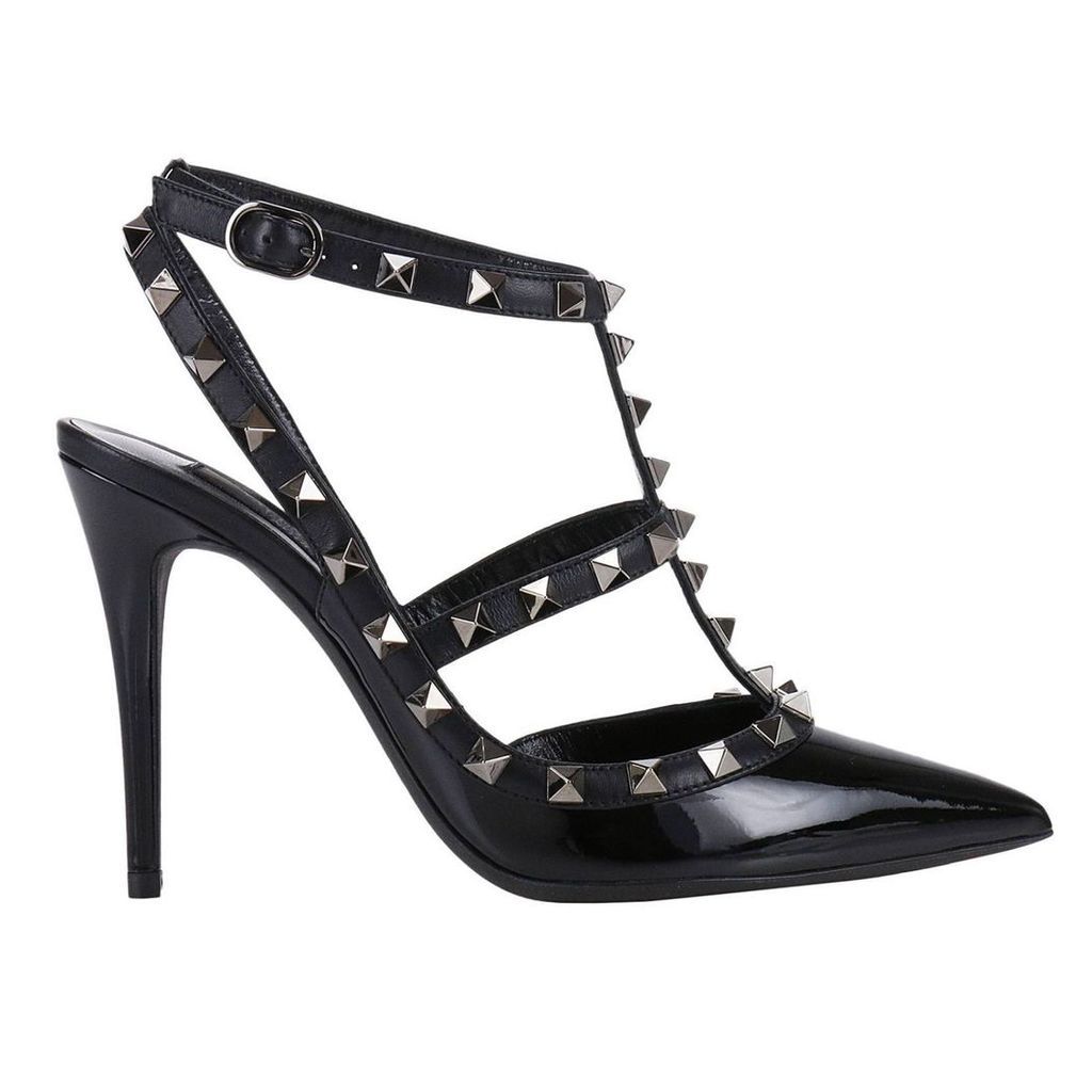 Pumps Ankle Strap Rockstud Noir 10 Cm Heel In Patent Leather With Buckle And Micro Studs