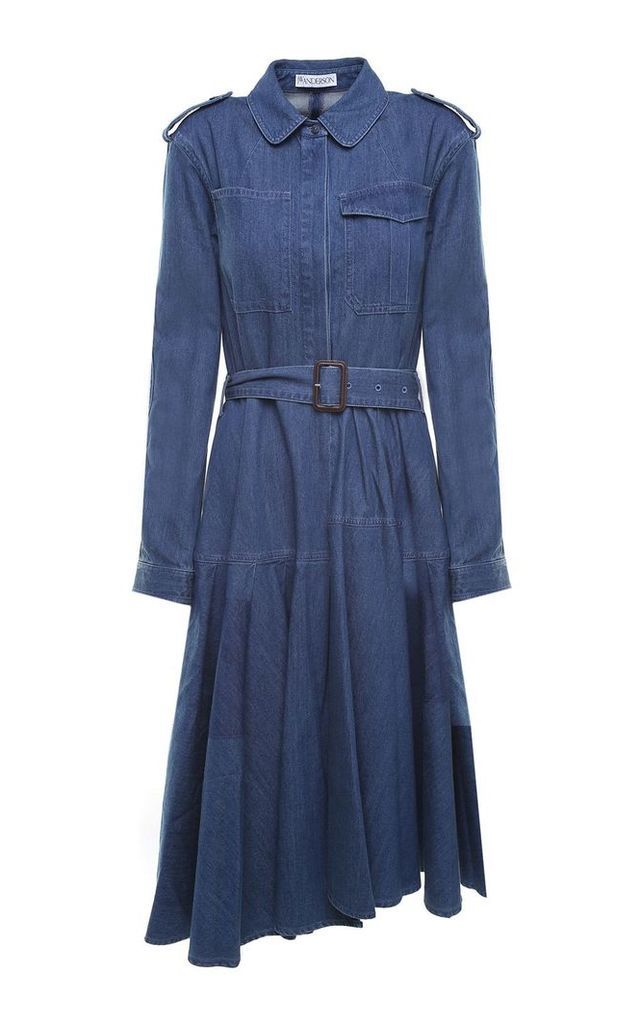 J.W. Anderson Pleated Cotton-denim Belted Midi Dress