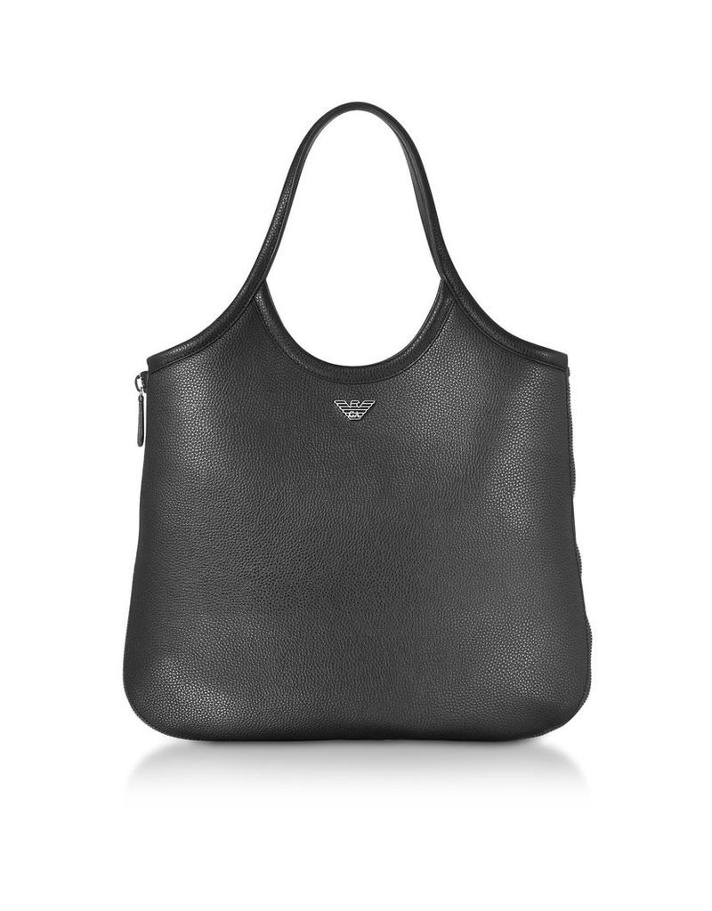 Emporio Armani Black Hammered Leather Hobo Bag