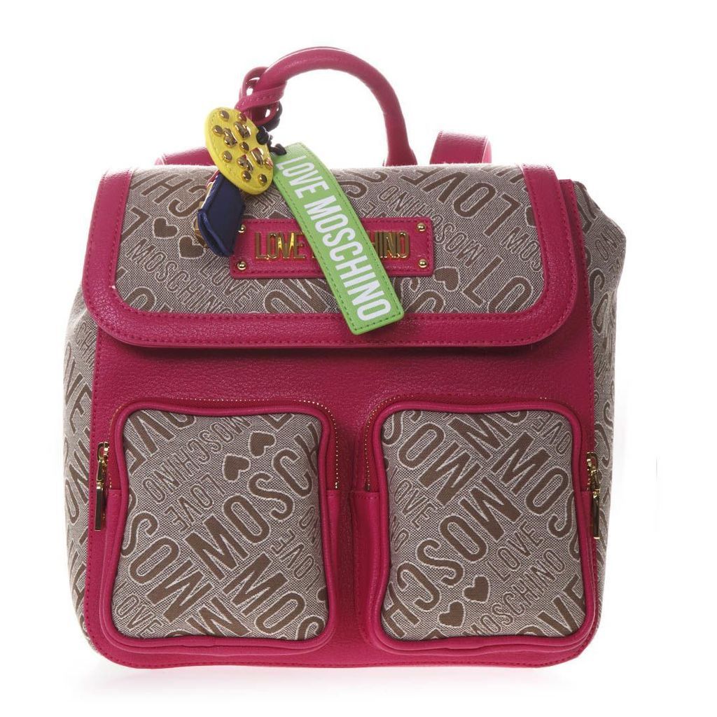 Love Moschino Backpack In Natural And Fuchsia Logoed Jacquard Fabric
