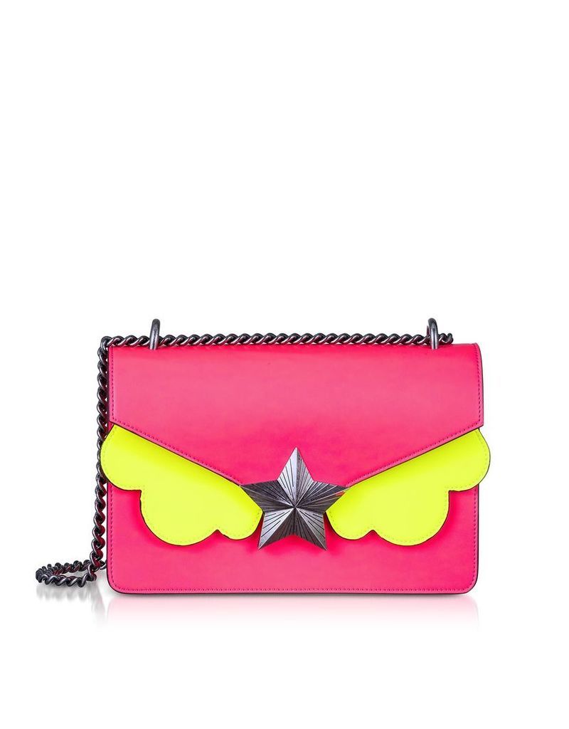 Les Jeunes Etoiles Neon Pink And Yellow Leather New Vega Medium Shoulder Bag