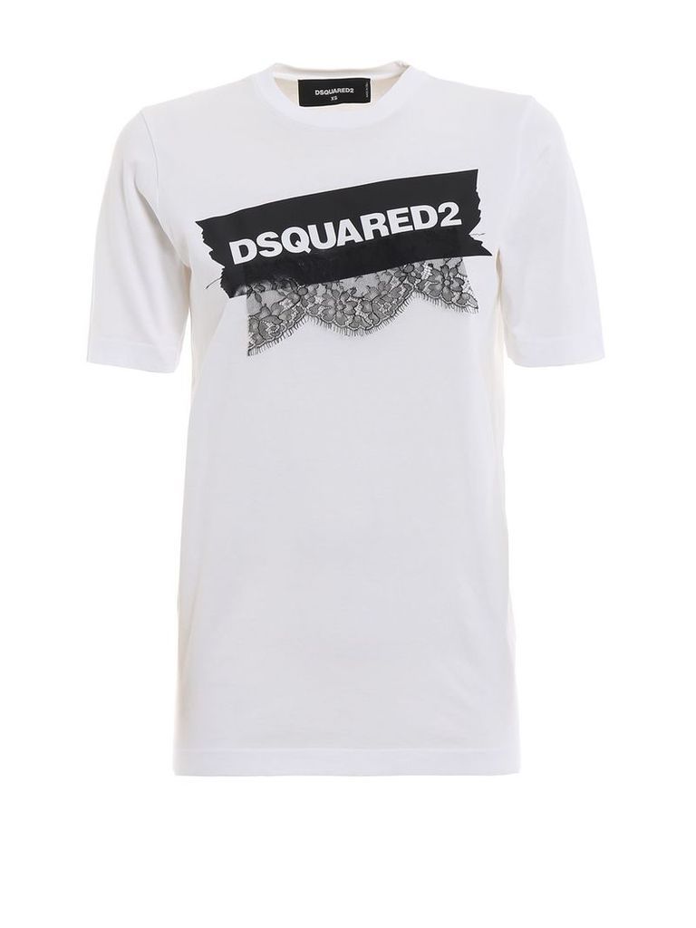 Dsquared2 White Cotton T-shirt With Lace And Logo Print