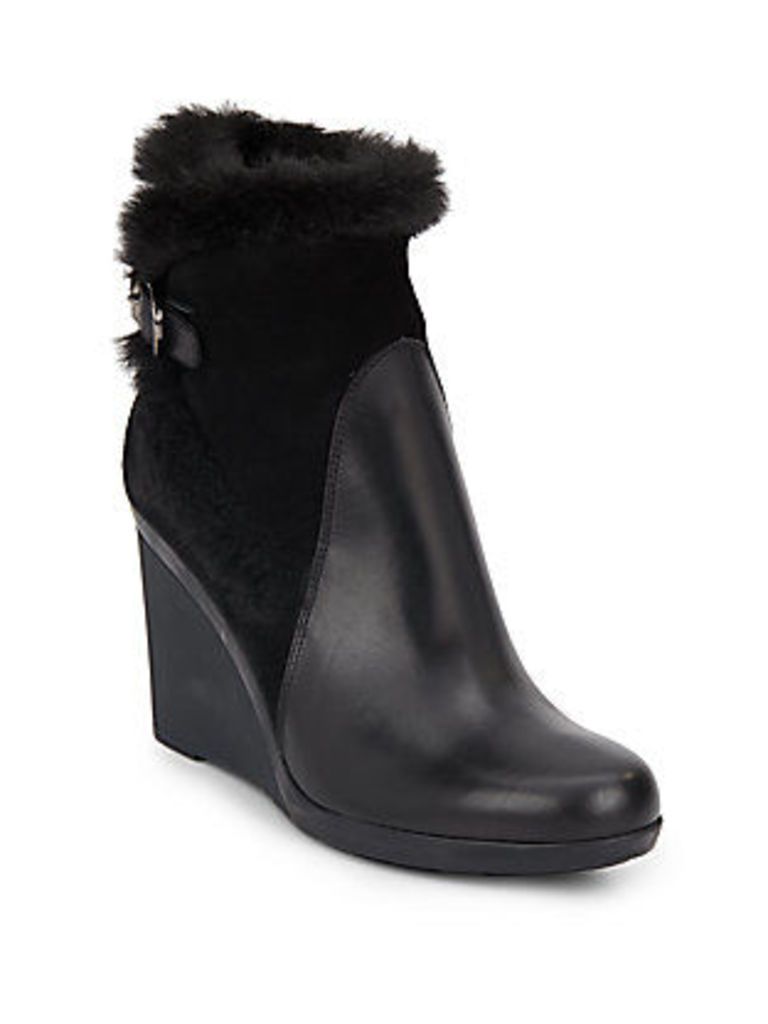 Natalie Faux Fur-Trimmed Leather & Suede Wedge Bootie